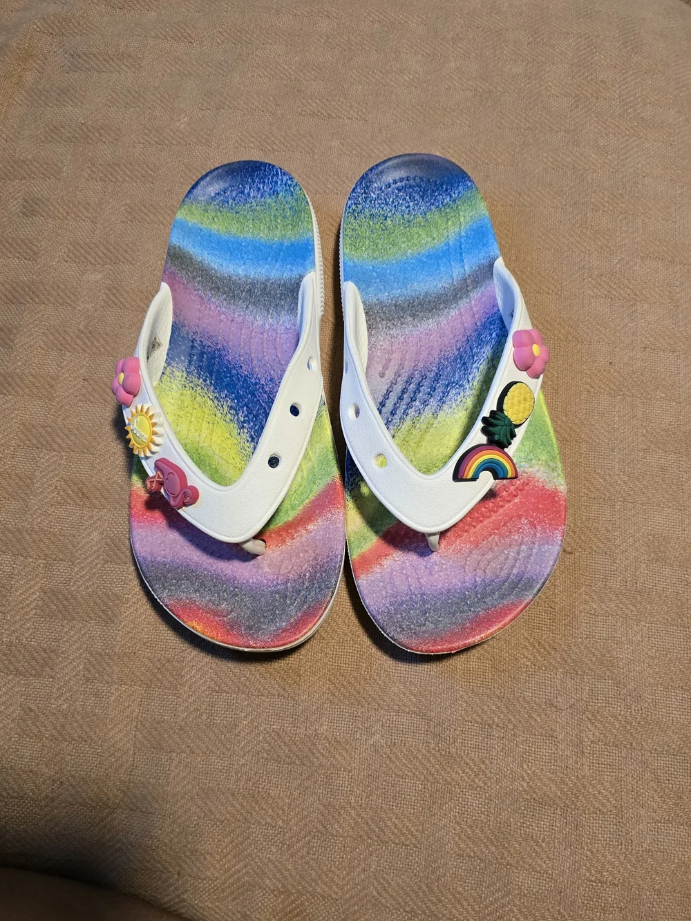 CROCS Kids Rainbow Footbed Flip Flops with White Straps